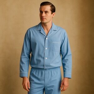 Vintage 70s Medalist Men's Pajama Set Blue Permanent Press Polyester Cotton Sz A